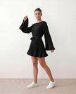 Pleated Mini Dress Women Round Neck Bell Sleeve Ruffle Hem Cocktail