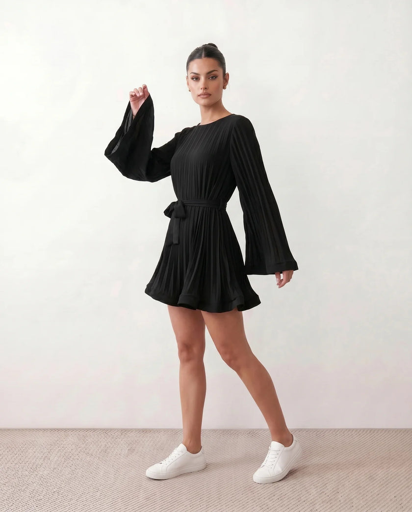 Pleated Mini Dress Women Round Neck Bell Sleeve Ruffle Hem Cocktail
