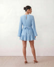 Pleated Mini Dress Women Round Neck Bell Sleeve Ruffle Hem Cocktail