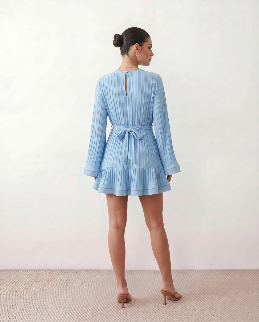 Pleated Mini Dress Women Round Neck Bell Sleeve Ruffle Hem Cocktail