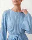 Pleated Mini Dress Women Round Neck Bell Sleeve Ruffle Hem Cocktail