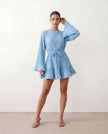 Pleated Mini Dress Women Round Neck Bell Sleeve Ruffle Hem Cocktail