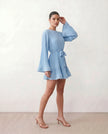 Pleated Mini Dress Women Round Neck Bell Sleeve Ruffle Hem Cocktail