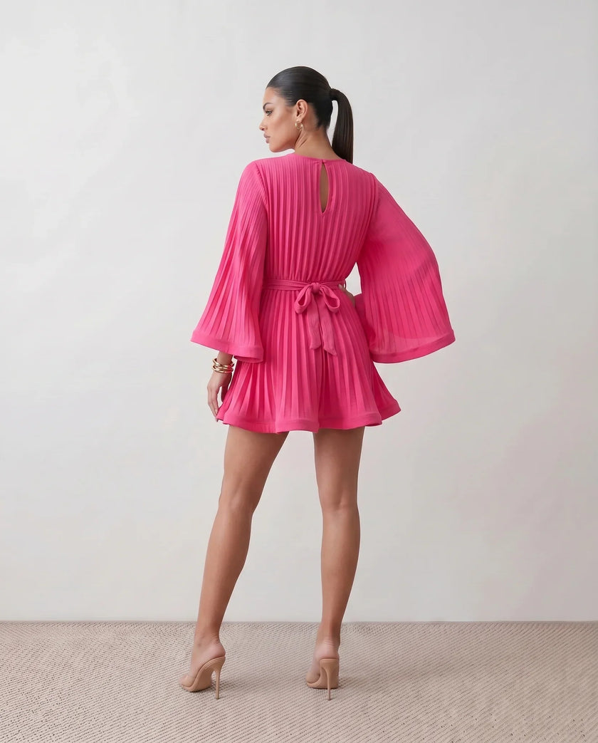 Pleated Mini Dress Women Round Neck Bell Sleeve Ruffle Hem Cocktail