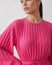 Pleated Mini Dress Women Round Neck Bell Sleeve Ruffle Hem Cocktail