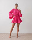 Pleated Mini Dress Women Round Neck Bell Sleeve Ruffle Hem Cocktail