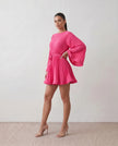Pleated Mini Dress Women Round Neck Bell Sleeve Ruffle Hem Cocktail