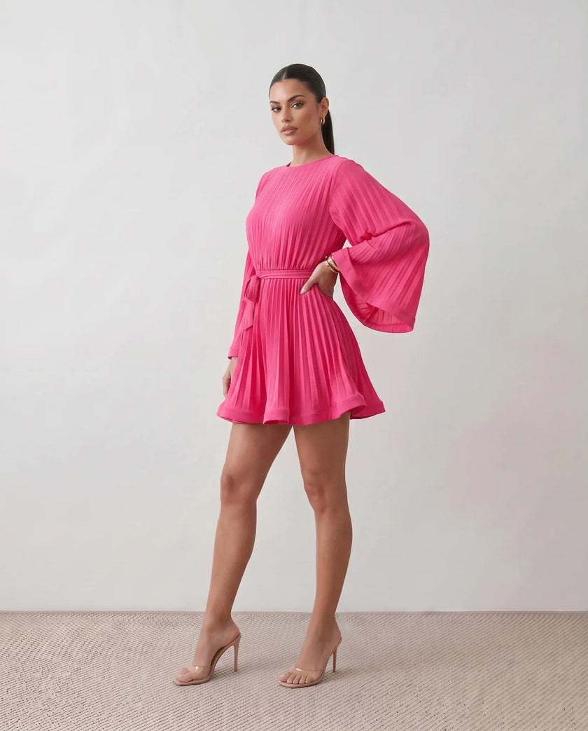 Pleated Mini Dress Women Round Neck Bell Sleeve Ruffle Hem Cocktail