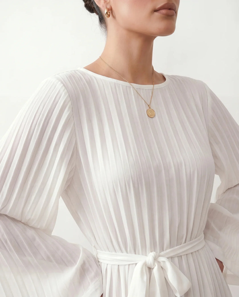 Pleated Mini Dress Women Round Neck Bell Sleeve Ruffle Hem Cocktail