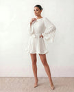 Pleated Mini Dress Women Round Neck Bell Sleeve Ruffle Hem Cocktail