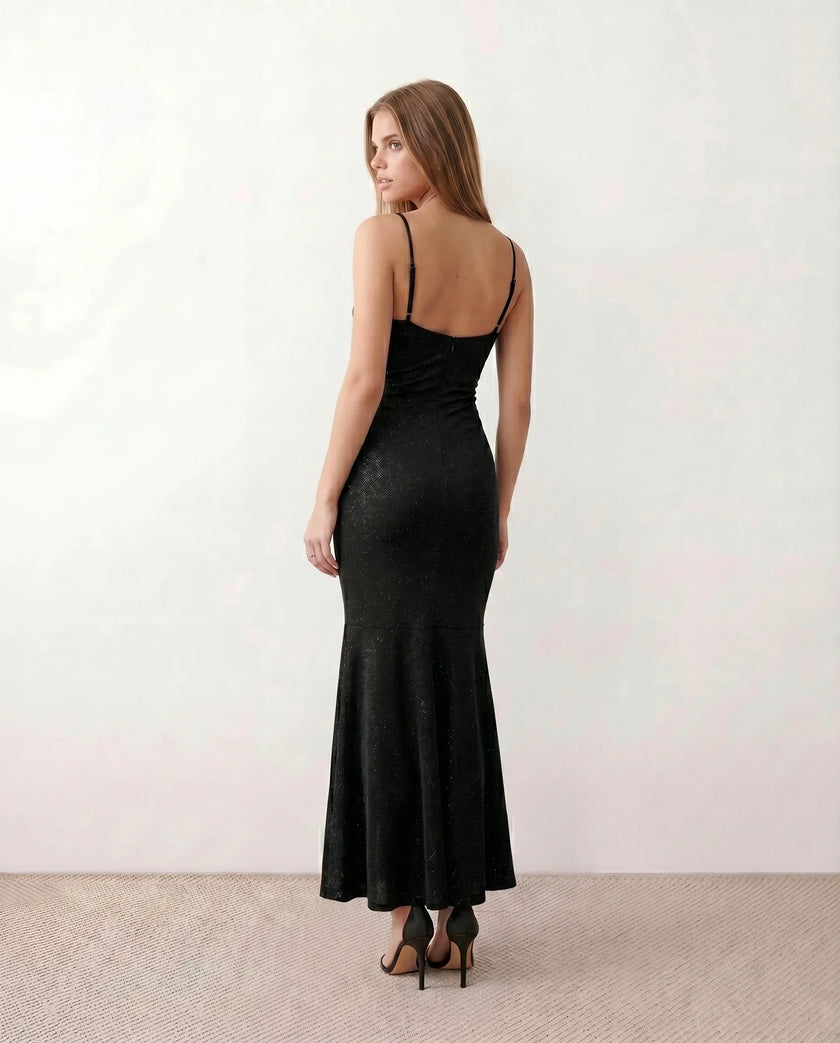Maxi Dress Women Metallic Cowl Neck Open Back Mermaid Party