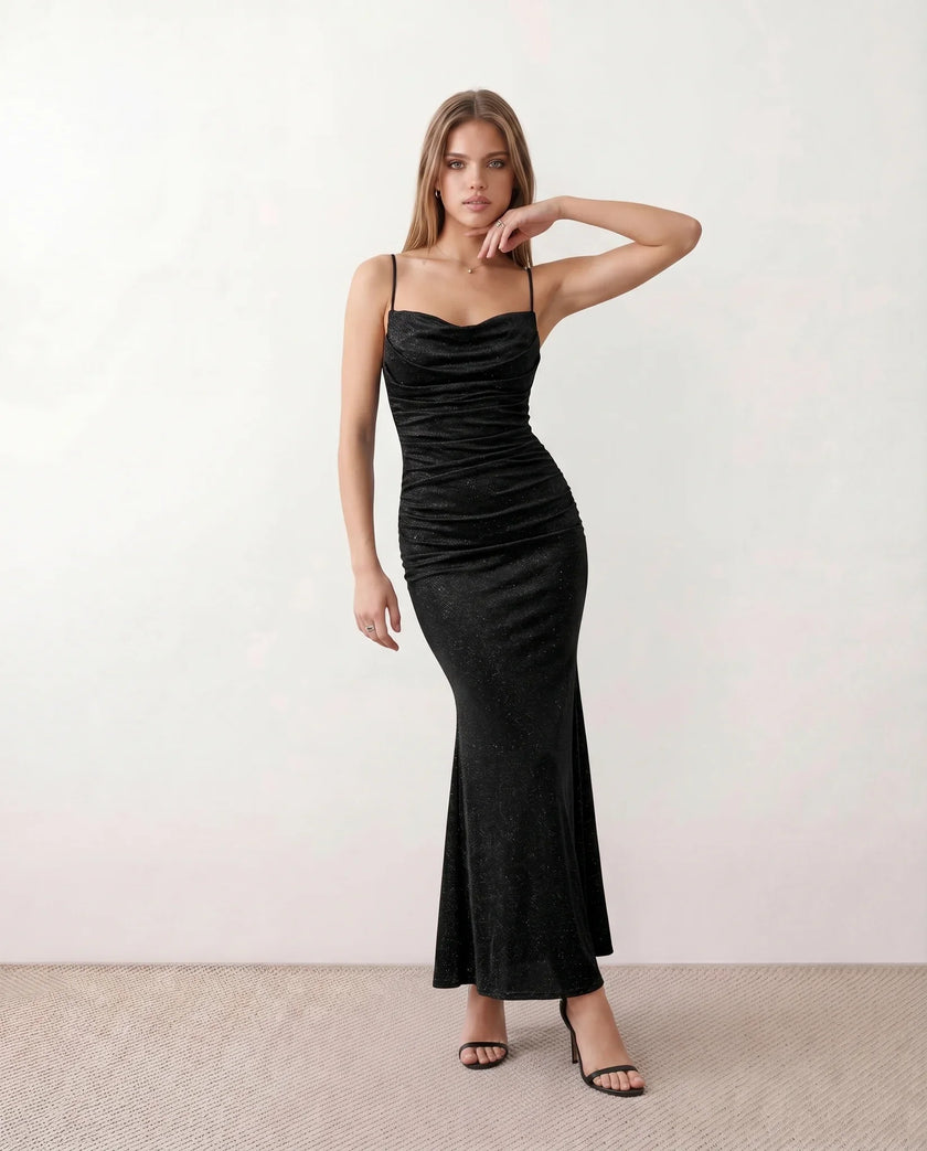 Maxi Dress Women Metallic Cowl Neck Open Back Mermaid Party