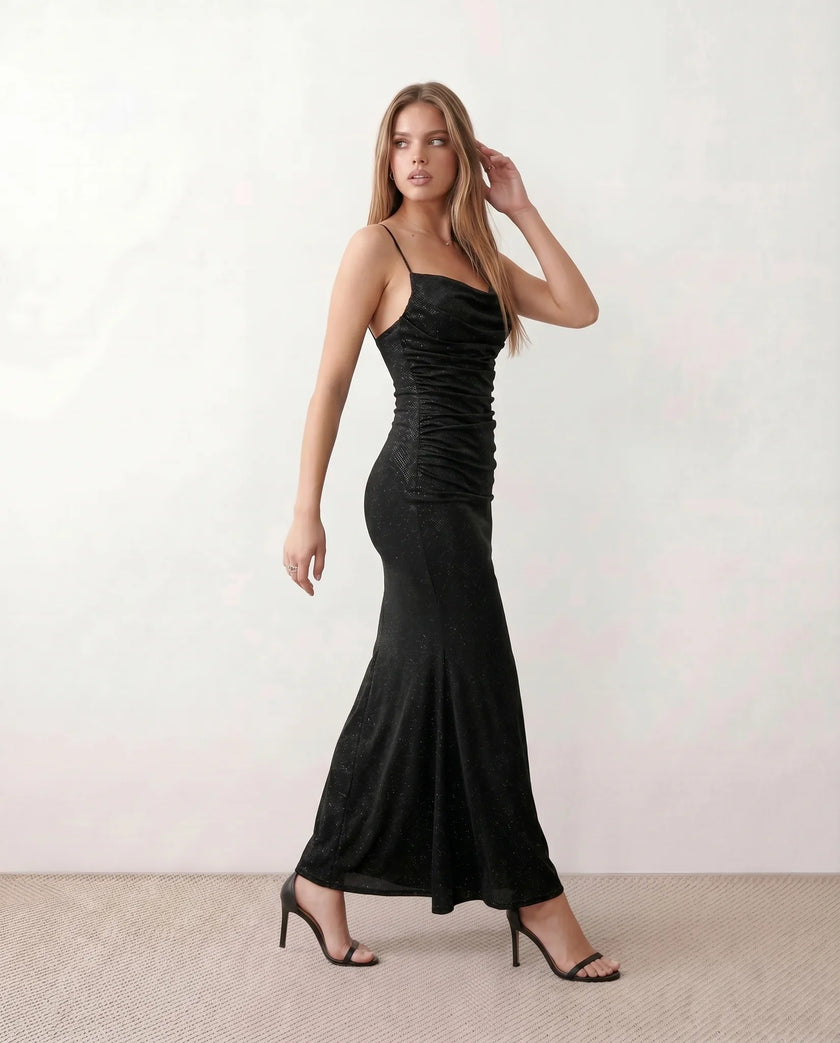 Maxi Dress Women Metallic Cowl Neck Open Back Mermaid Party