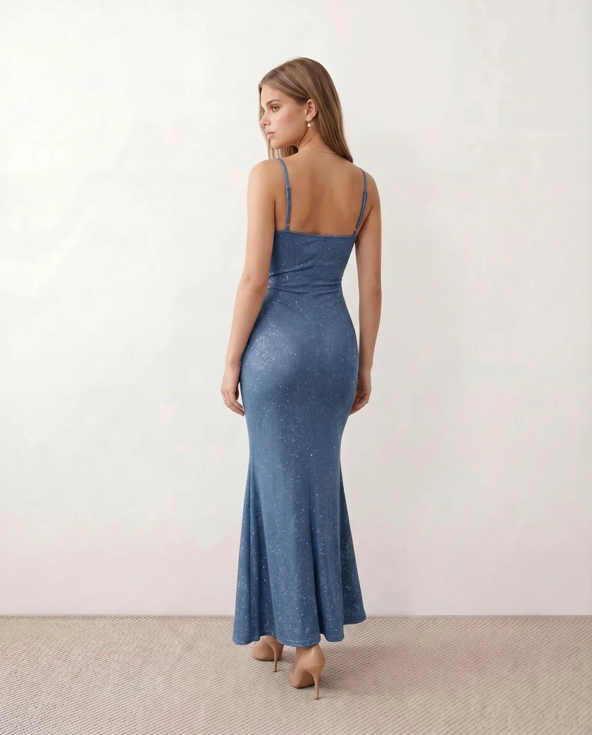 Maxi Dress Women Metallic Cowl Neck Open Back Mermaid Party