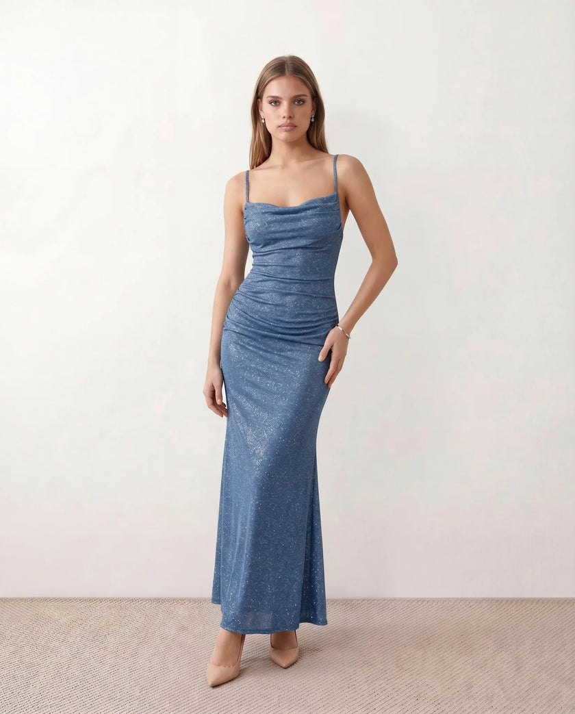 Maxi Dress Women Metallic Cowl Neck Open Back Mermaid Party
