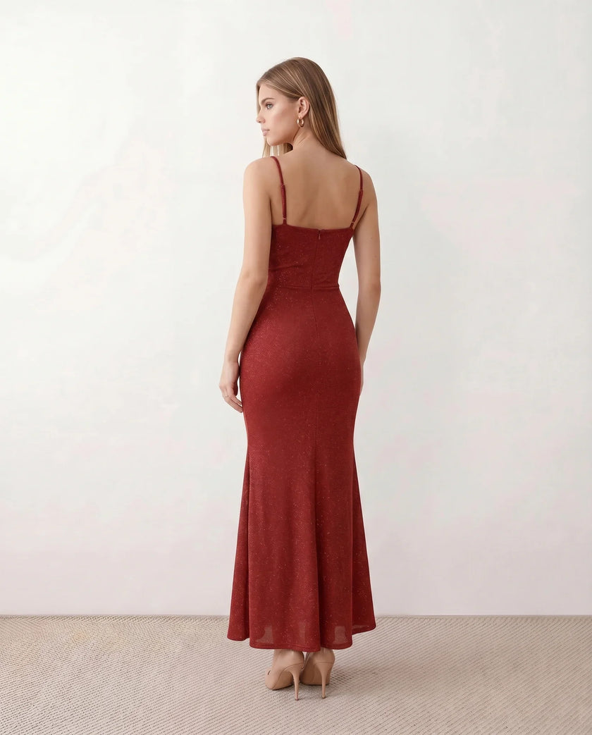 Maxi Dress Women Metallic Cowl Neck Open Back Mermaid Party