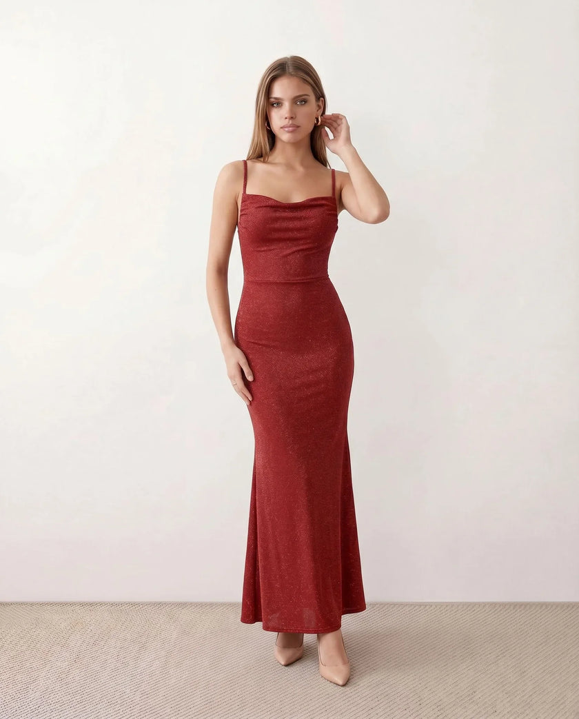 Maxi Dress Women Metallic Cowl Neck Open Back Mermaid Party