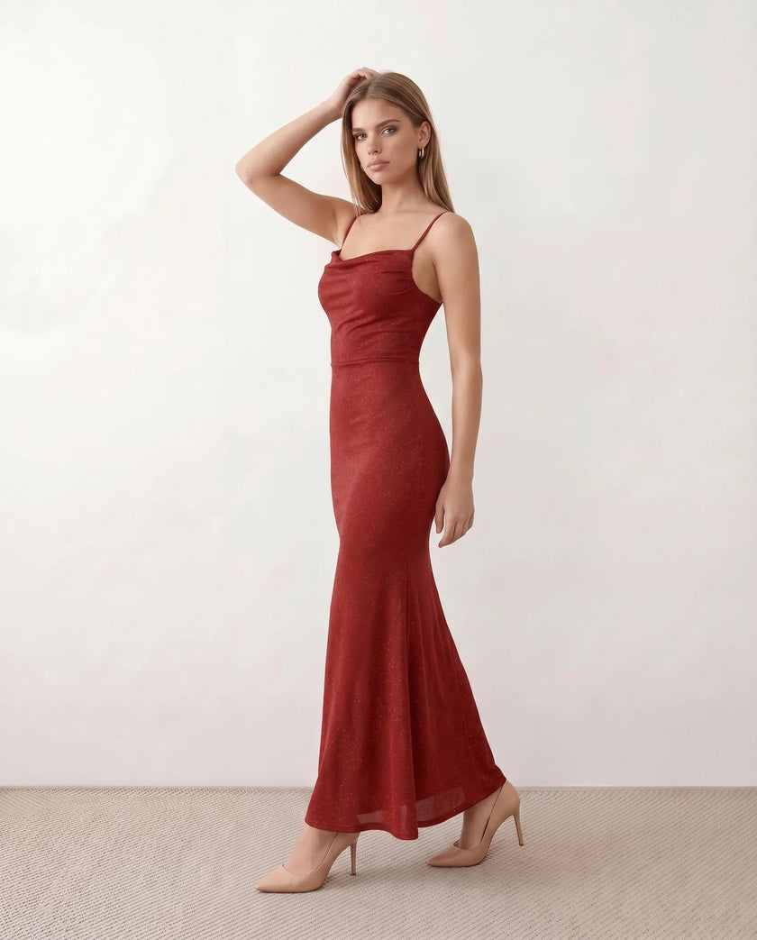 Maxi Dress Women Metallic Cowl Neck Open Back Mermaid Party