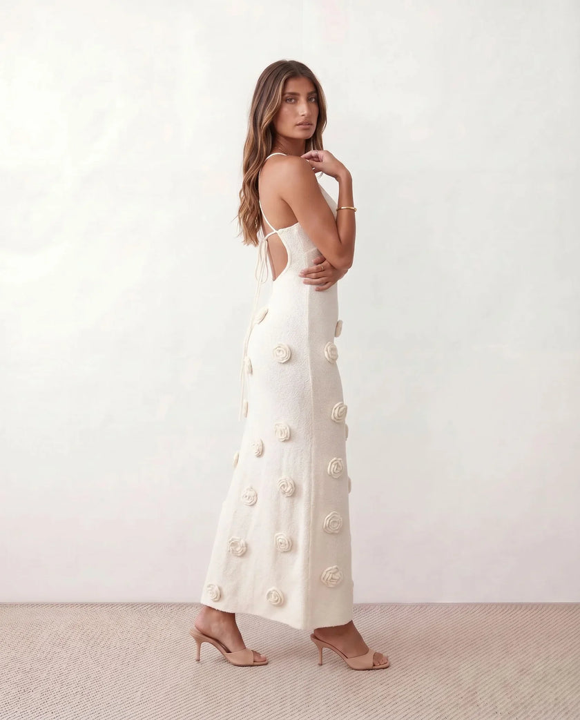 Maxi Dress Women Spaghetti Strap 3D Rosette Lace-Up Open Back Wedding Guest