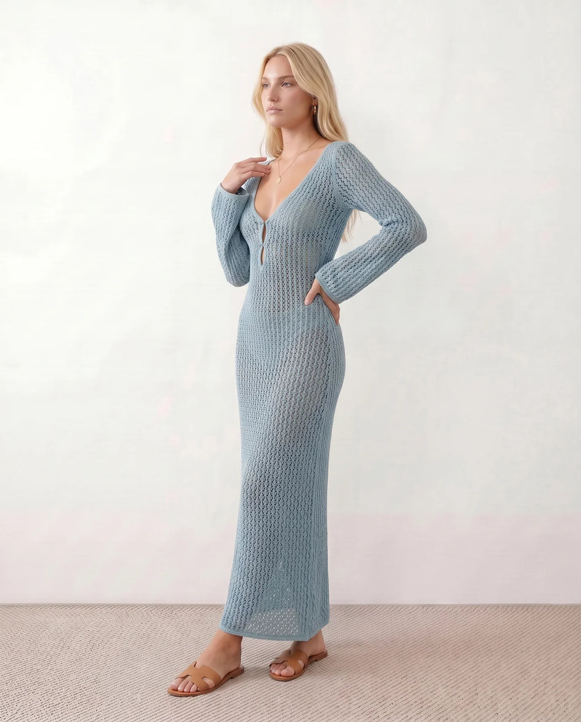 Crochet Maxi Dress Women Party Plunge V-Neck Long Sleeve
