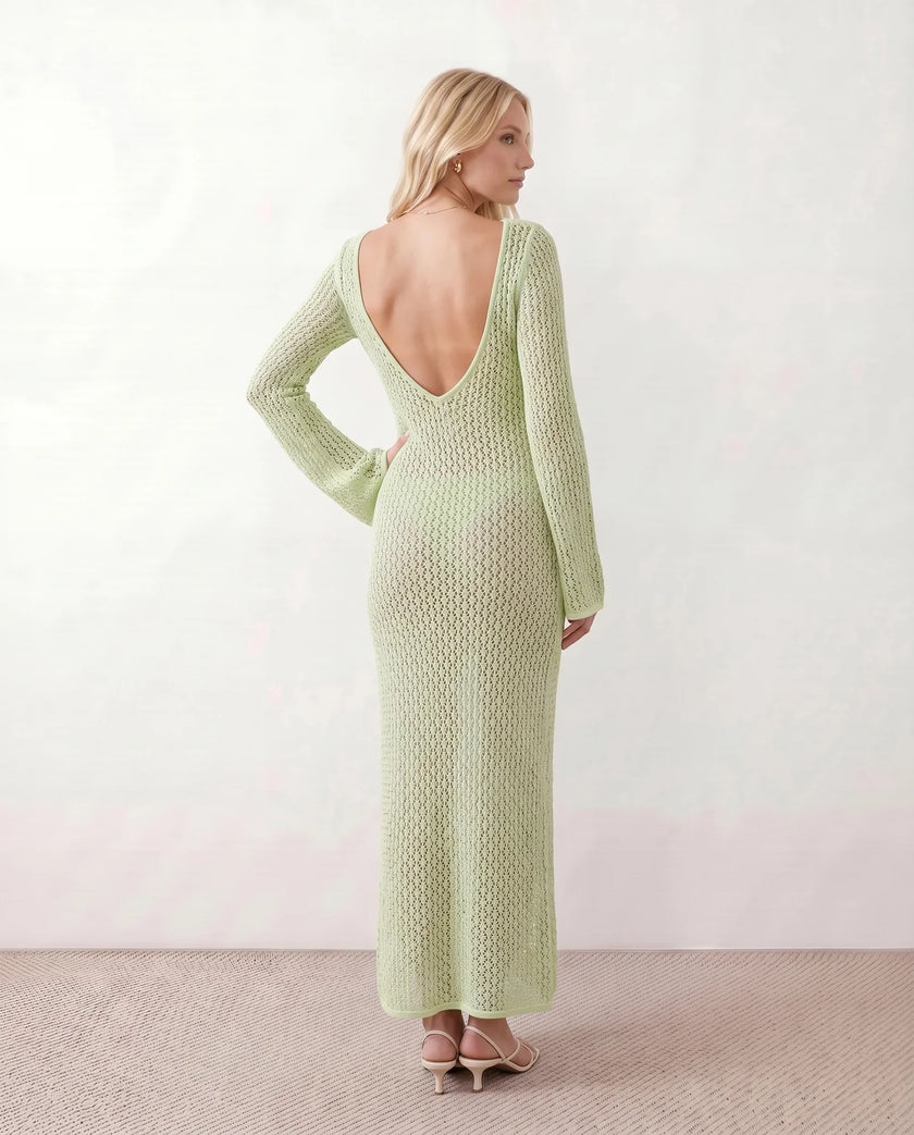 Crochet Maxi Dress Women Party Plunge V-Neck Long Sleeve