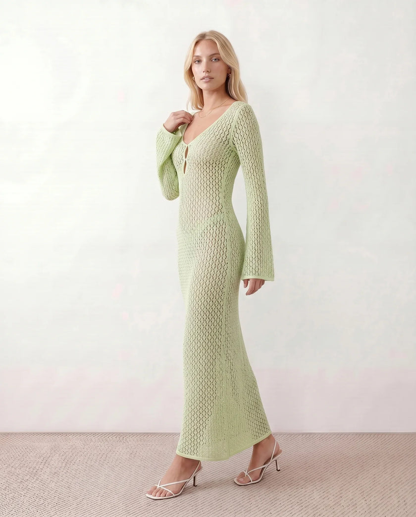 Crochet Maxi Dress Women Party Plunge V-Neck Long Sleeve