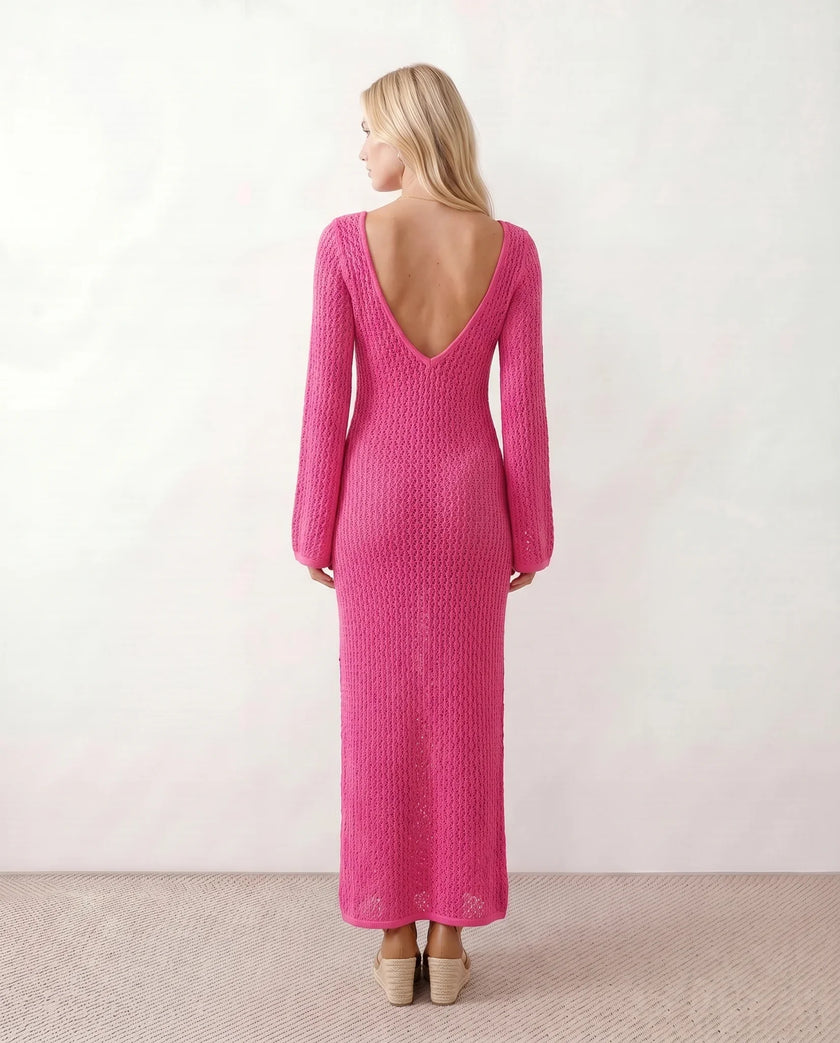 Crochet Maxi Dress Women Party Plunge V-Neck Long Sleeve