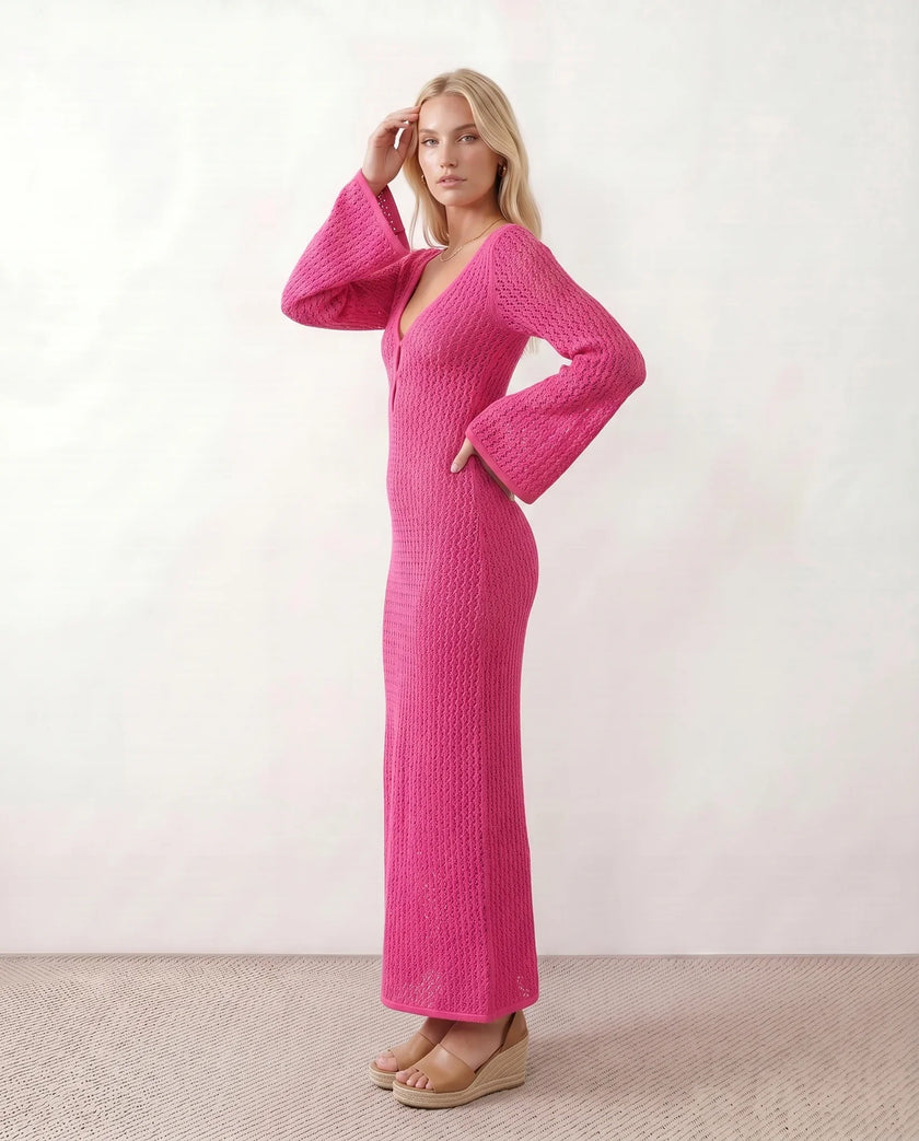 Crochet Maxi Dress Women Party Plunge V-Neck Long Sleeve