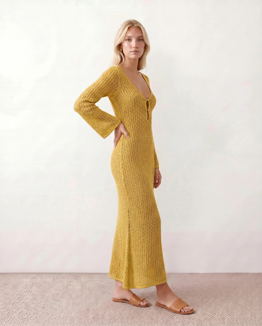 Crochet Maxi Dress Women Party Plunge V-Neck Long Sleeve
