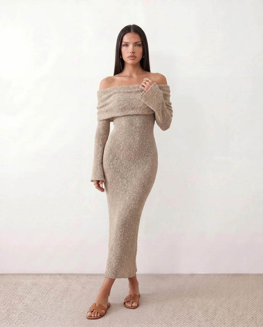 Maxi Dress Women Off-Shoulder Fitted Long Sleeve Cocktail