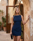 Mini Dress Women Cocktail Boat Neck Fitted Sleeveless