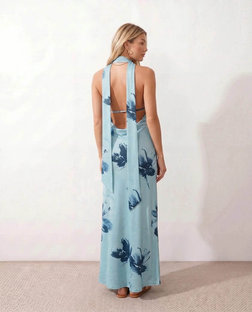 Maxi Dress Women Cowl Neck Halter Backless Wedding Guest