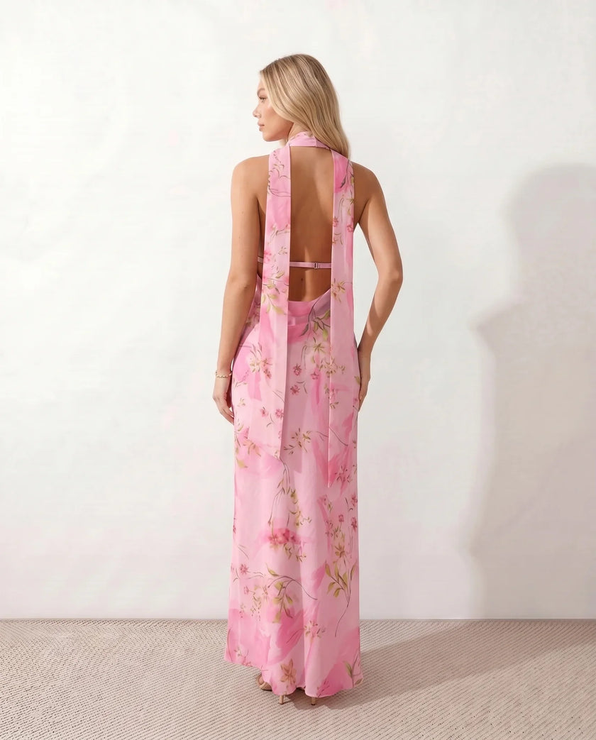 Maxi Dress Women Cowl Neck Halter Backless Wedding Guest