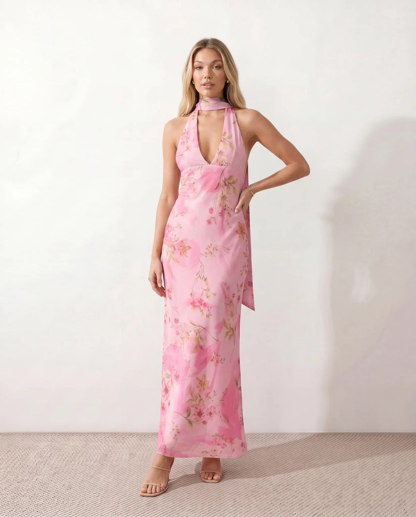 Maxi Dress Women Cowl Neck Halter Backless Wedding Guest