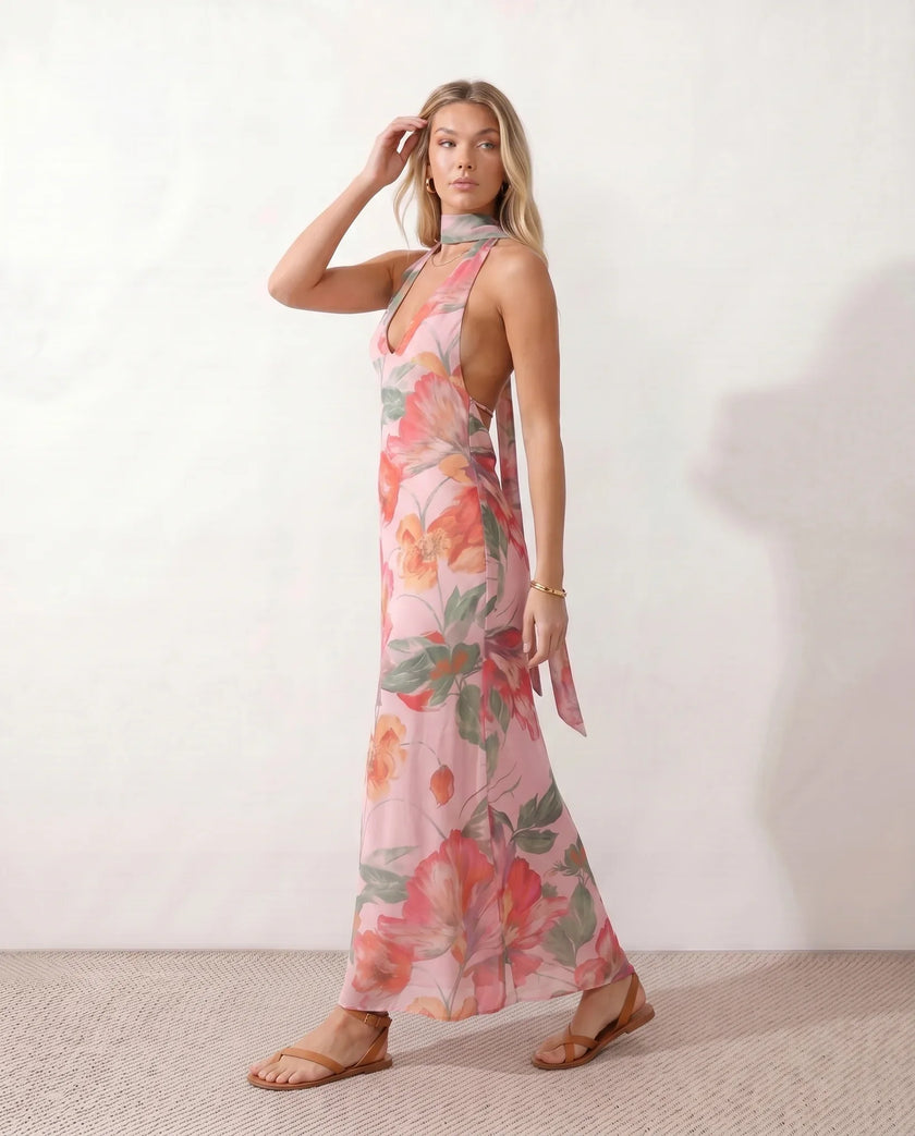 Maxi Dress Women Cowl Neck Halter Backless Wedding Guest