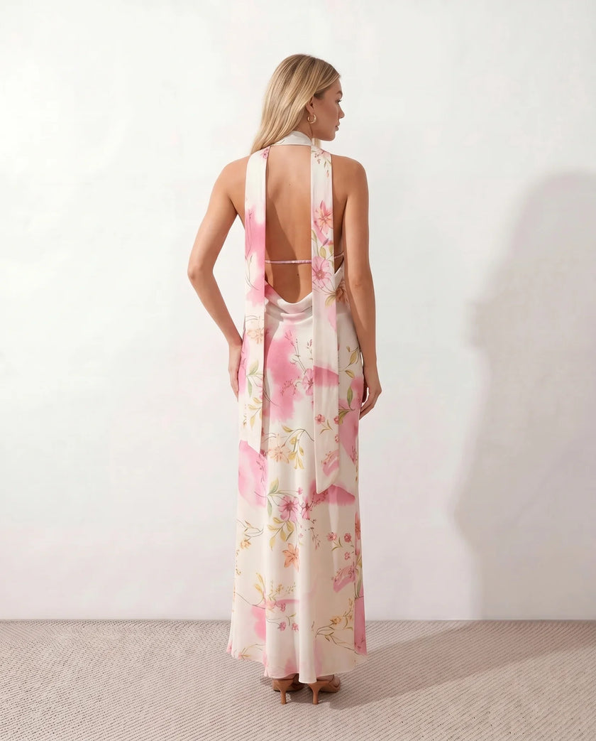 Maxi Dress Women Cowl Neck Halter Backless Wedding Guest