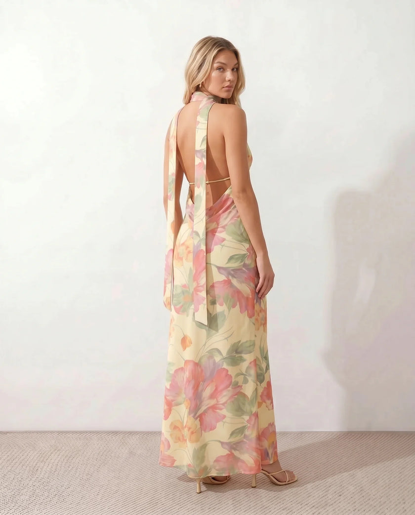 Maxi Dress Women Cowl Neck Halter Backless Wedding Guest