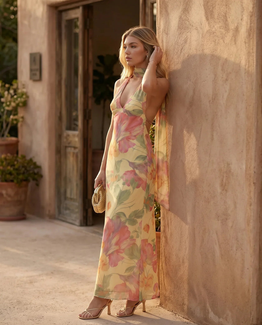 Maxi Dress Women Cowl Neck Halter Backless Wedding Guest