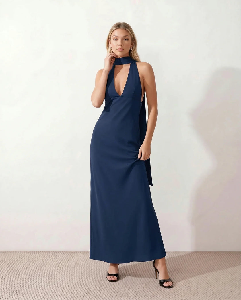 Maxi Dress Women Cowl Neck Halter Backless Wedding Guest