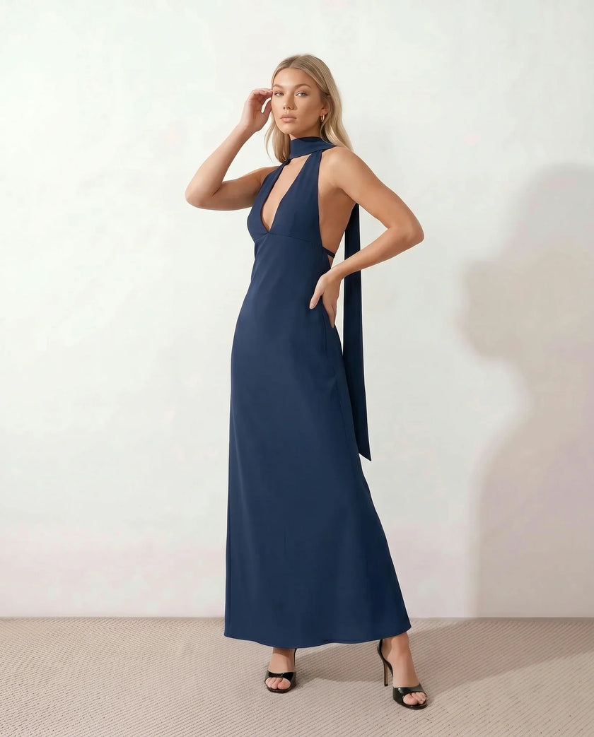 Maxi Dress Women Cowl Neck Halter Backless Wedding Guest