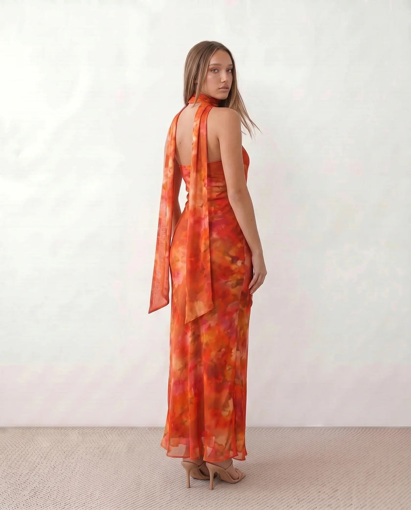 Satin Maxi Dress Women, Cocktail Strapless Open Back with Scarf Tie