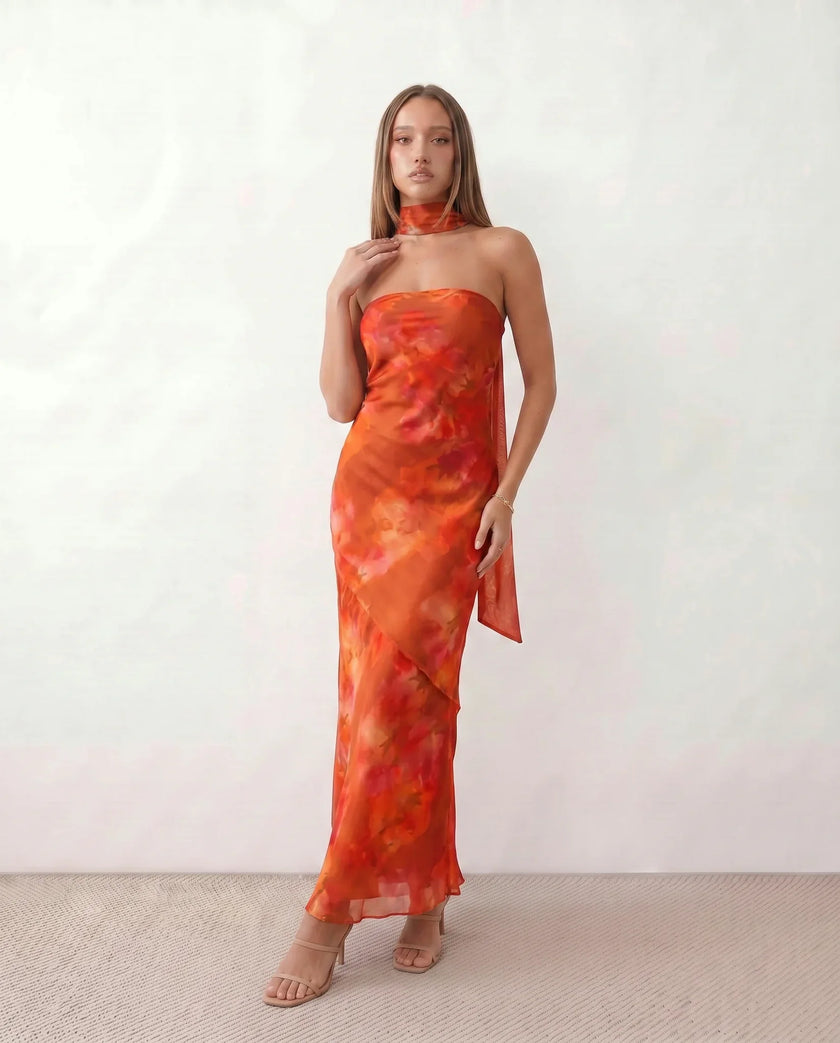 Satin Maxi Dress Women, Cocktail Strapless Open Back with Scarf Tie