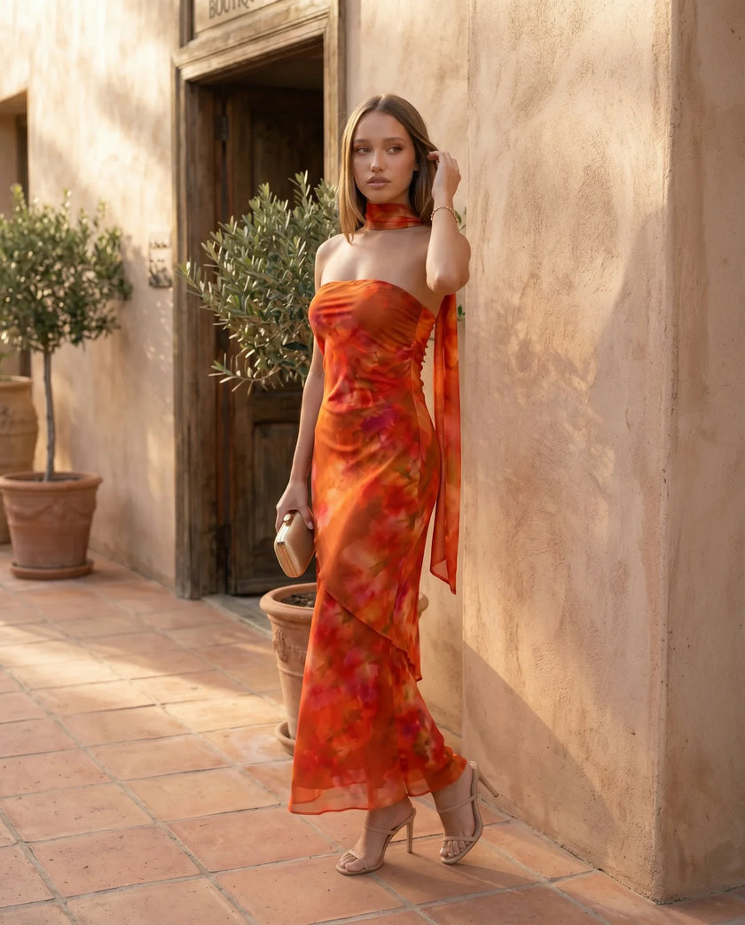 Satin Maxi Dress Women, Cocktail Strapless Open Back with Scarf Tie