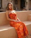 Satin Maxi Dress Women, Cocktail Strapless Open Back with Scarf Tie