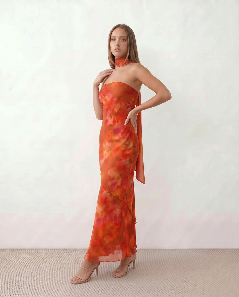 Satin Maxi Dress Women, Cocktail Strapless Open Back with Scarf Tie