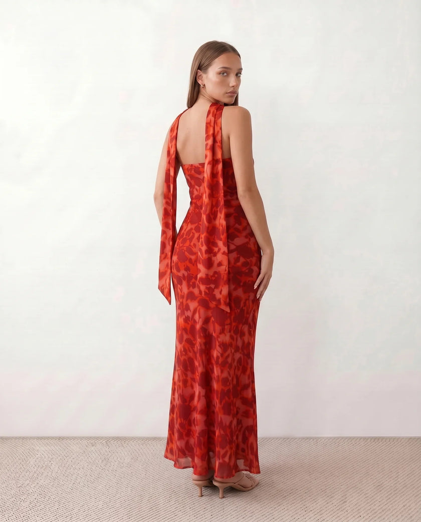 Satin Maxi Dress Women, Cocktail Strapless Open Back with Scarf Tie