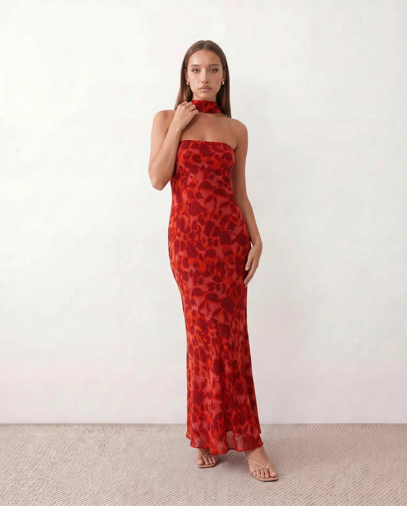 Satin Maxi Dress Women, Cocktail Strapless Open Back with Scarf Tie