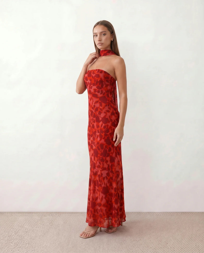 Satin Maxi Dress Women, Cocktail Strapless Open Back with Scarf Tie