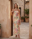 Satin Maxi Dress Women, Cocktail Strapless Open Back with Scarf Tie