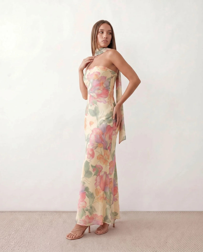 Satin Maxi Dress Women, Cocktail Strapless Open Back with Scarf Tie